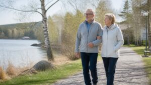 Ikääntynyt pariskunta kävelee rauhallisesti järven rannalla – kävely on ensimmäinen liikuntamuoto sydänleikkauksen jälkeen.