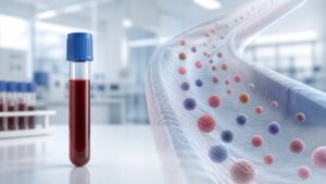 Verinäyteputki laboratoriossa ja havainnekuva valtimosta, jossa kiertää ApoB-hiukkasia.